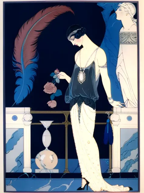 <lora:sdxl_George barbier v1.0:0.8>,george barbier, illustration, flat illustration, 1girl, flower, rose, 1boy, profile, dress, feathers, black hair, high heels, jewelry,watermark,marble handrail,statue,pearl,wineglass,, masterpiece, best quality,absurdres...