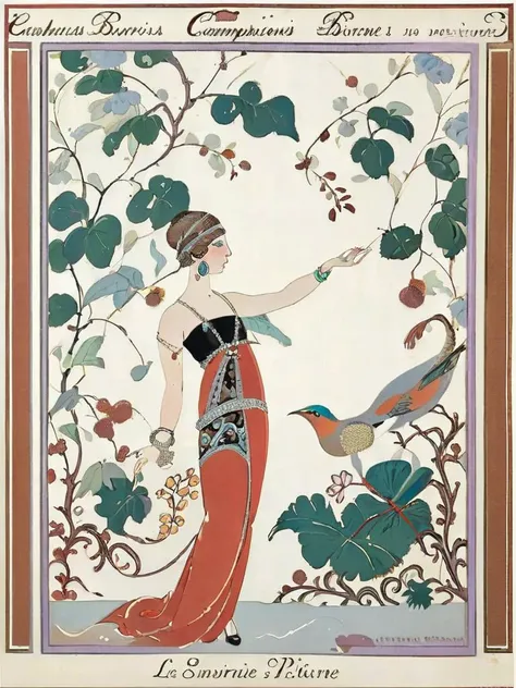 <lora:sdxl_George barbier v1.0-000015:1>,george barbier, magazine, frame, 1girl, solo, brown hair, jewelry, bird, standing, profile, bracelet, leaf, english text, earrings, floral print, masterpiece, best quality,absurdres,highres,ultra detailed,official a...