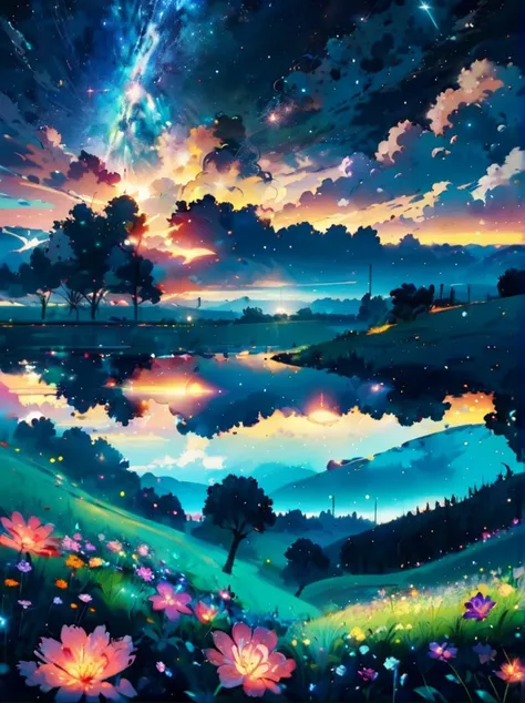 a painting of a beautiful sunset with flowers and a lake