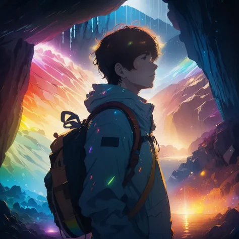 A cinematic photo of a 20 year old Japanese male in a glowing rainbow skylight cave, He has brown wavy slick smooth hair, He is wearing explorer clothing, beautiful mining ores in the background, bursts of colors, Rainbow colors, Rainbow rocks, Holy grail,...