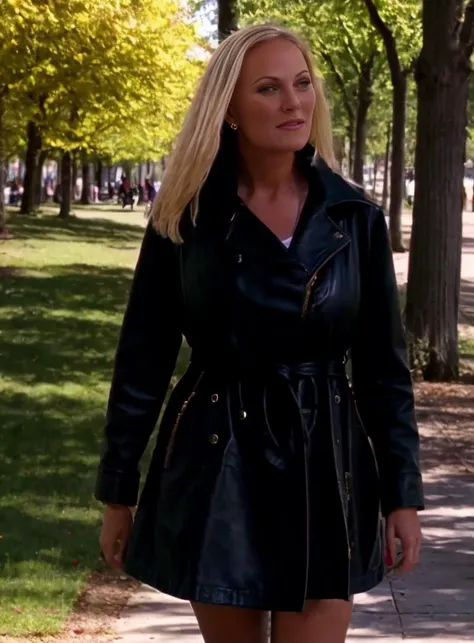 araffe woman in a black leather jacket and skirt walking down a sidewalk