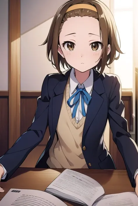 ritsutainaka, <lyco:ritsutainaka-LYCORIStest:1>,
ritsu tainaka, (brown eyes:1.7), light brown hair, (forehead:1.5), hairband, short hair, (flat chest:1.2),
BREAK sakuragaoka high school uniform, school uniform,
BREAK looking at viewer,
BREAK indoors, class...