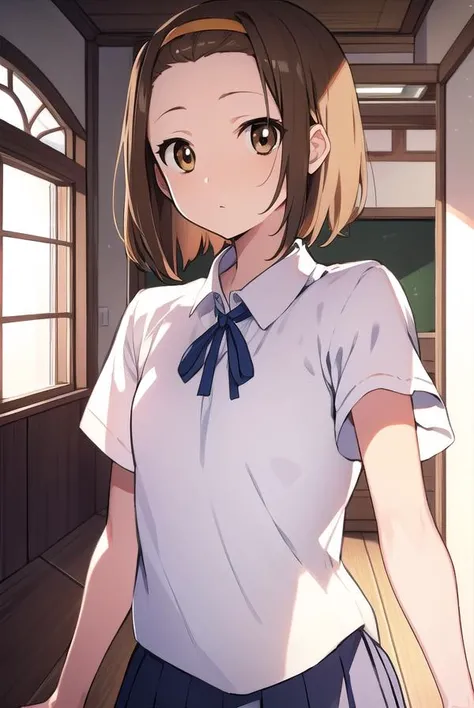 ritsutainaka, <lyco:ritsutainaka-LYCORIStest:1>,
ritsu tainaka, (brown eyes:1.7), light brown hair, (forehead:1.5), hairband, short hair, (flat chest:1.2),
BREAK sakuragaoka high school uniform, school uniform,
BREAK looking at viewer,
BREAK indoors, class...