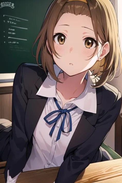 ritsutainaka, <lyco:ritsutainaka-LYCORIStest:1>,
ritsu tainaka, (brown eyes:1.7), light brown hair, (forehead:1.5), hairband, short hair, (flat chest:1.2),
BREAK sakuragaoka high school uniform, school uniform,
BREAK looking at viewer,
BREAK indoors, class...