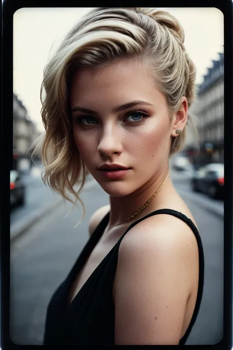 photo of (1rel4ndb:0.99), closeup portrait, perfect blonde hair, hair upsweep updo, posing, (vintage photo, dress), (polaroid frame), 24mm, ((tintype)), (analog, film, film grain:1.3), ((on a Paris street, night, gritty)), ((detailed eyes)), (seductive pos...