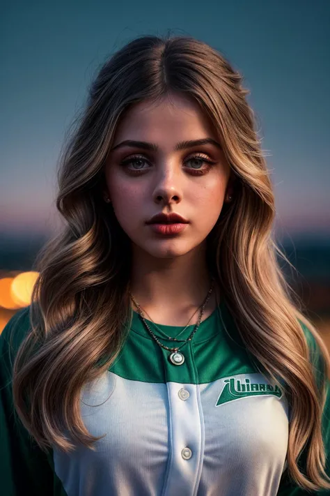 photo of beautiful (1nd1aw-135:0.99), a woman with perfect hair upsweep updo, wearing Jade Green (Baseball Jersey, Baseball Pants:1.1),  (night sky:1.1), (closeup), (painted lips), necklace, modelshoot style, (extremely detailed CG unity 8k wallpaper), pro...