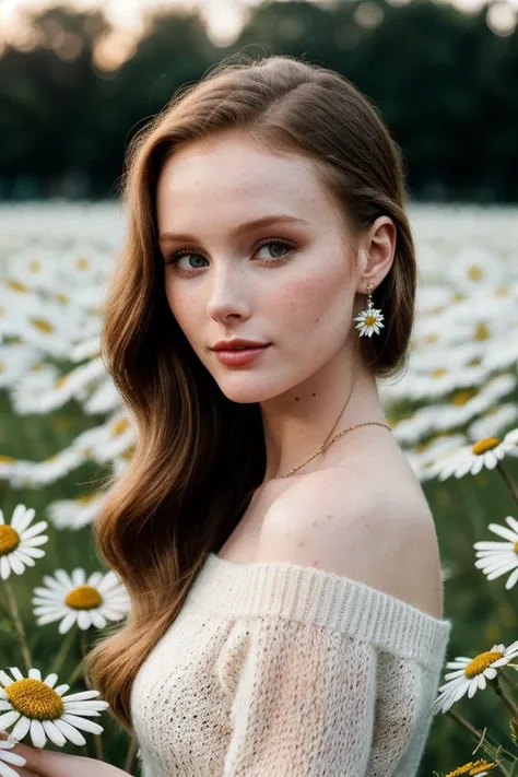 photo of fit (gh3nchy:0.99), a beautiful woman, perfect hair upsweep updo, smiling, (modern photo), (Pastel Pink off-shoulder sweater), closeup portrait, 85mm, (analog, cinematic, film grain:1.3), (A tranquil, sunlit field of wild daisies:1.2), detailed ey...