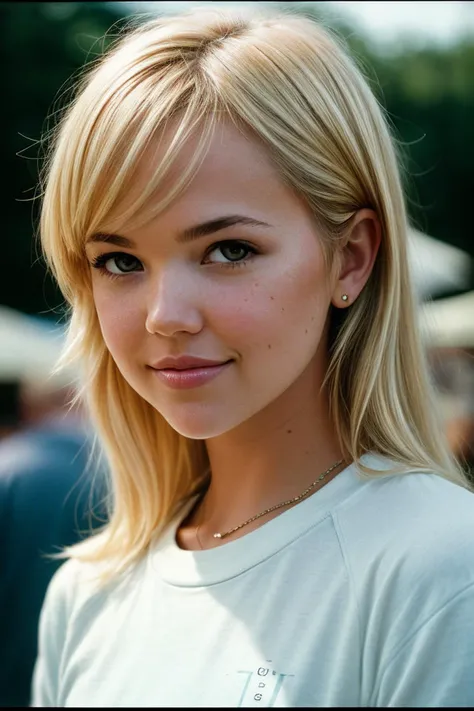 photo of (ak3bb3l-135:0.99), a woman, (closeup portrait:1.1), perfect blonde hair, posing, (vintage photo, compression shirt), (closeup portrait), 24mm, (tintype), (analog, film, film grain:1.3), (A vibrant, contemporary farmers market, filled with a varie...