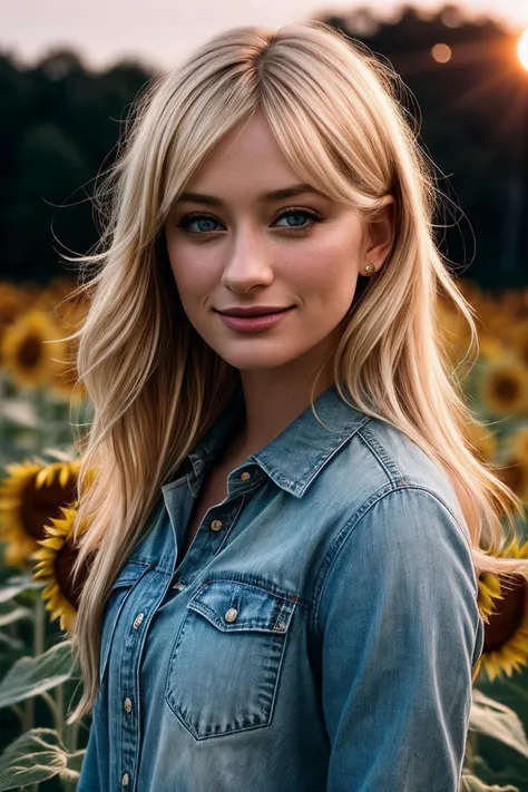 photo of beautiful (b3thb3hrs-135:0.99), a woman with perfect blonde hair, wearing Cherry Red (High-Low Hem Shirt, Flare Capris:1.1),  (A tranquil, moonlit field of sunflowers:1.1), (closeup portrait), (smiling), modelshoot style, (extremely detailed CG un...