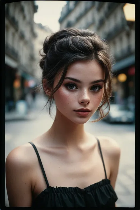 a close up of a woman with a black dress on a city street