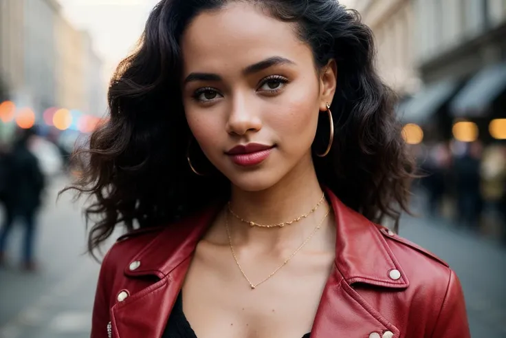 photo of gorgeous (mhlavac:0.99), a beautiful woman, perfect ((curly)) hair, (smiling), (modern photo), (Scarlet Red leather jacket and long sleeve top), 85mm lens, f16 aperture, (analog, cinematic, film grain:1.3), (A bustling, modern city street during a...