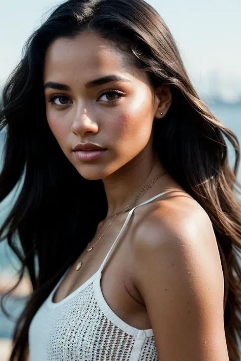 a close up of a woman with long hair wearing a white top