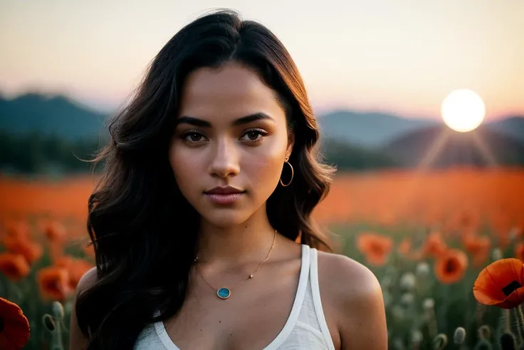 photo of gorgeous (mhlavac:0.99), a beautiful woman, perfect (hair upsweep updo), (serious), (modern photo), (Linen tank top), 85mm lens, f16 aperture, (analog, cinematic, film grain:1.3), (A tranquil, moonlit field of wild poppies:1.2), detailed eyes, sed...