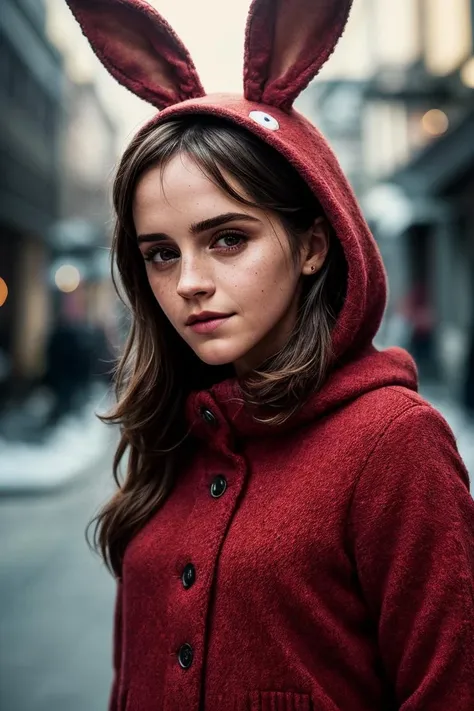 a woman wearing a red coat with ears on her head