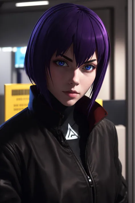 absurdres, best quality, 1girl, solo, looking at viewer, eye focus, <lyco:GoodHands-beta2:1.0>,  <lora:motoko_kusanagi2045:0.6>, motoko_kusanagi, black jacket