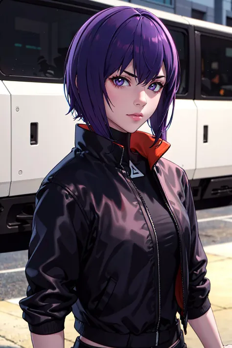 anime character with purple hair and black jacket standing in front of a bus