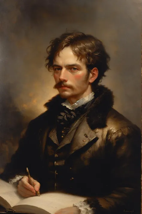 a painting of a man with a mustache and a coat writing