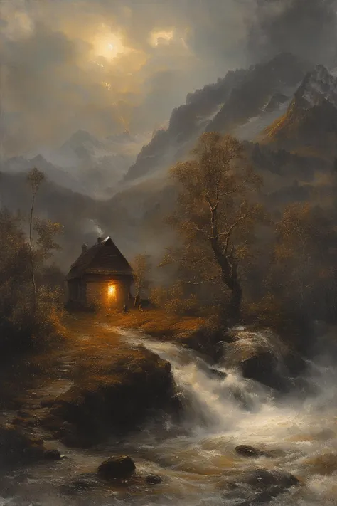 painting of a cabin in a mountain landscape with a stream