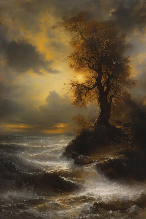 a painting of a tree on a rocky shore with waves