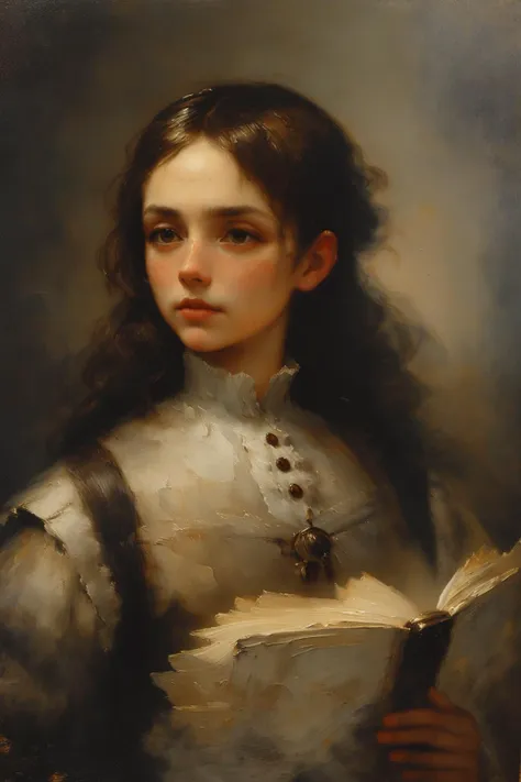 a painting of a woman holding a book and a feather