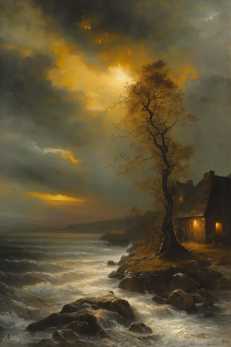 a painting of a house on a rocky shore with a tree