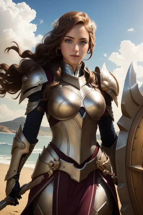 a woman in armor standing on a beach next to a shield