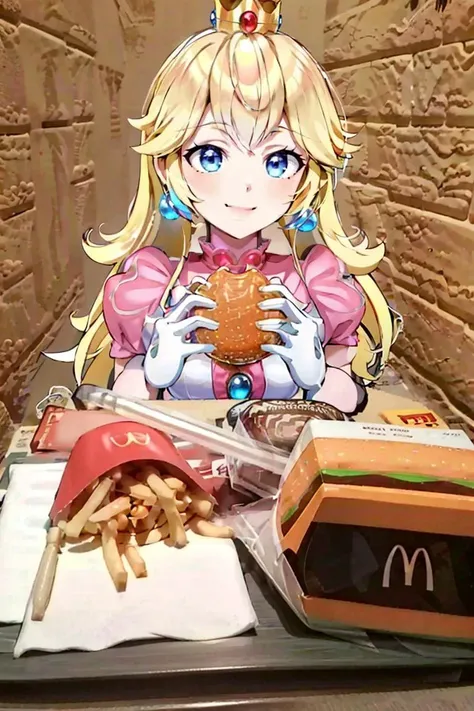 anime girl eating a hamburger and fries at a mcdonalds