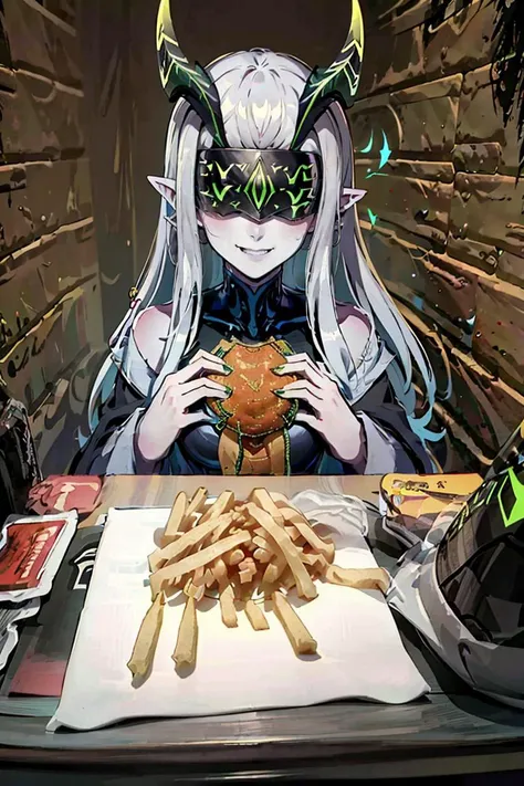 anime girl with horns eating a burger and fries at a table