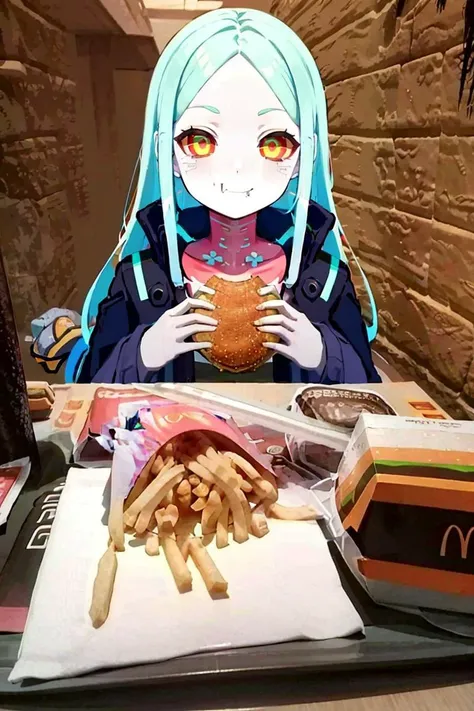 anime girl with blue hair eating a hamburger and fries