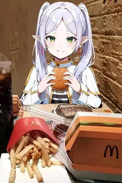 anime girl eating a hamburger and fries at a mcdonalds