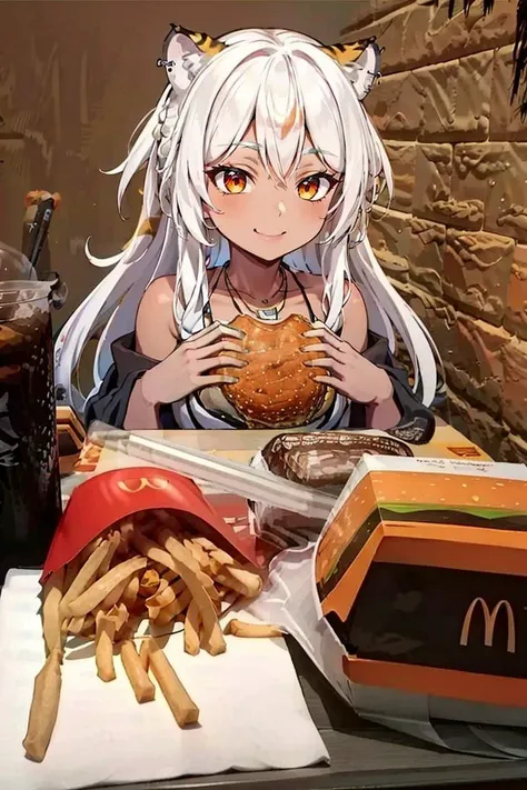 anime girl eating a hamburger and fries at a fast food restaurant