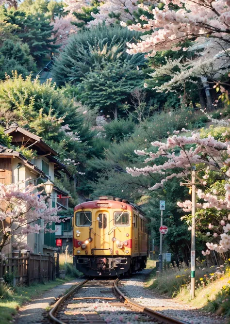 ((yellow train, surrounding pink Cherry blossoms, green grass, spring, daylight)), bright theme, (masterpiece),((ultra-detailed)), (highly detailed CG illustration),(expressionless), (best quality:1.2), High quality texture, intricate details, detailed tex...