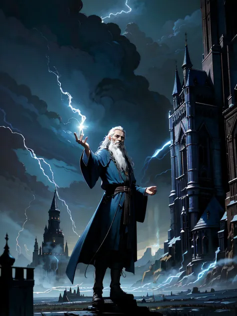 full body low view shot of (one) brittish old man, wizard, (casting blue lightning magic:1.3), (night), wizard (robes), long white beard, long white hair, grasslands, castles, dark clouds, night sky,
detailed, intricate, (detailed fantasy background), 
((f...