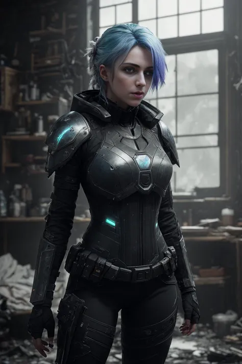 cell shading, digital art, dark and gloomy full body 8k unity render, female teen cyborg, Blue yonder hair, wearing broken battle armor, at cluttered and messy shack , action shot, tattered torn shirt, porcelain cracked skin, skin pores, detailed intricate...