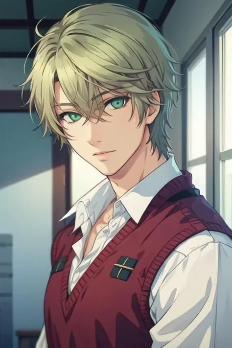 masterpiece, best quality, game cg, 1boy, solo, male focus, looking at viewer, upper body, , <lora:haru_kaidou:0.74>, haru_kaidou, green eyes, blonde hair, , , ,