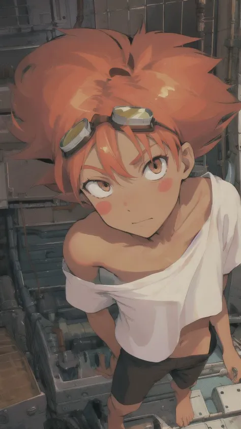 Edward,tan skin,tomboy,midriff,orange hair,(white loose shirt),off shoulder,spiked hair,barefoot,bike shorts,brown eyes,goggles on head,blush stickers,(grin:0.8),space station,engine room,(insanely detailed, beautiful detailed face, masterpiece, best quali...