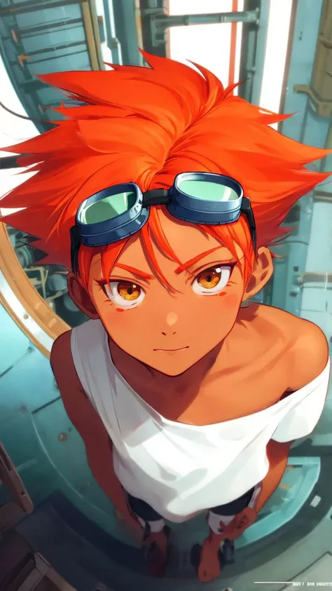 Edward,tan skin,tomboy,midriff,orange hair,(white loose shirt),off shoulder,spiked hair,barefoot,bike shorts,brown eyes,goggles on head,blush stickers,(grin:0.8),space station,engine room,(insanely detailed, beautiful detailed face, masterpiece, best quali...