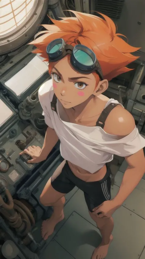 Edward,tan skin,tomboy,midriff,orange hair,(white loose shirt),off shoulder,spiked hair,barefoot,bike shorts,brown eyes,goggles on head,blush stickers,(grin:0.8),space station,engine room,(insanely detailed, beautiful detailed face, masterpiece, best quali...