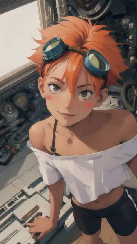 Edward,tan skin,tomboy,midriff,orange hair,(white loose shirt),off shoulder,spiked hair,barefoot,bike shorts,brown eyes,goggles on head,blush stickers,(grin:0.8),space station,engine room,(insanely detailed, beautiful detailed face, masterpiece, best quali...