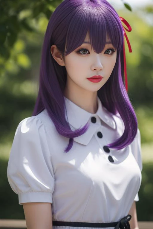 ultra-detailed,highly detailed,best quality,masterpiece,illustration,realistic, real,photo,photorealistic,
matou sakura, 1girl, solo,cosplay,
hair ribbon, long dress, collared dress,puffy short sleeves, ribbon, official alternate costume,
purple hair, purp...