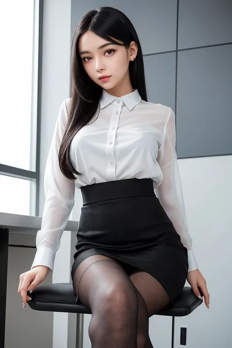 (masterpiece, best quality), a young black haired girl office secretary dressed in a transparent white blouse and black office skirt and black pantyhose ,sitting in an office chair, holding pencil, (detailed skin:1.3),(detailed eyes), (sharp focus),