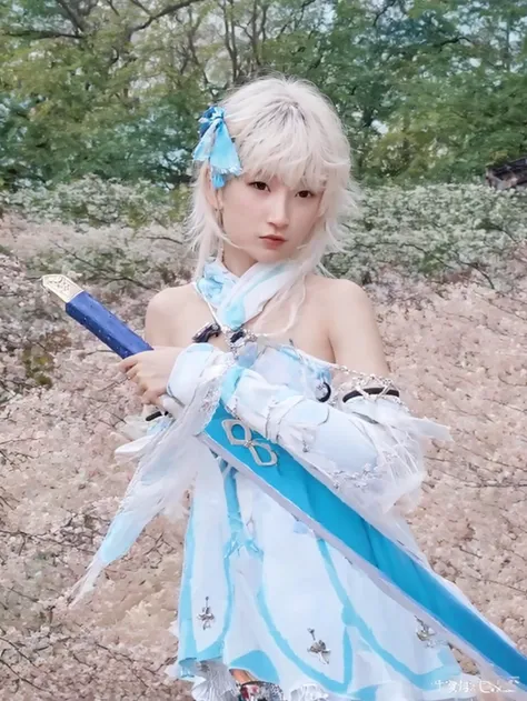 <lora:otto_20230827222917:1>,1girl, lumine (genshin impact), weapon, sword, blonde hair, cosplay, hair ornament, dress, holding, solo, holding weapon, white dress, photo background, holding sword, looking at viewer, hair flower, detached sleeves, flower, b...