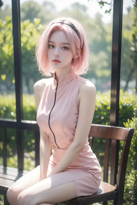 a close up of a woman sitting on a bench with pink hair