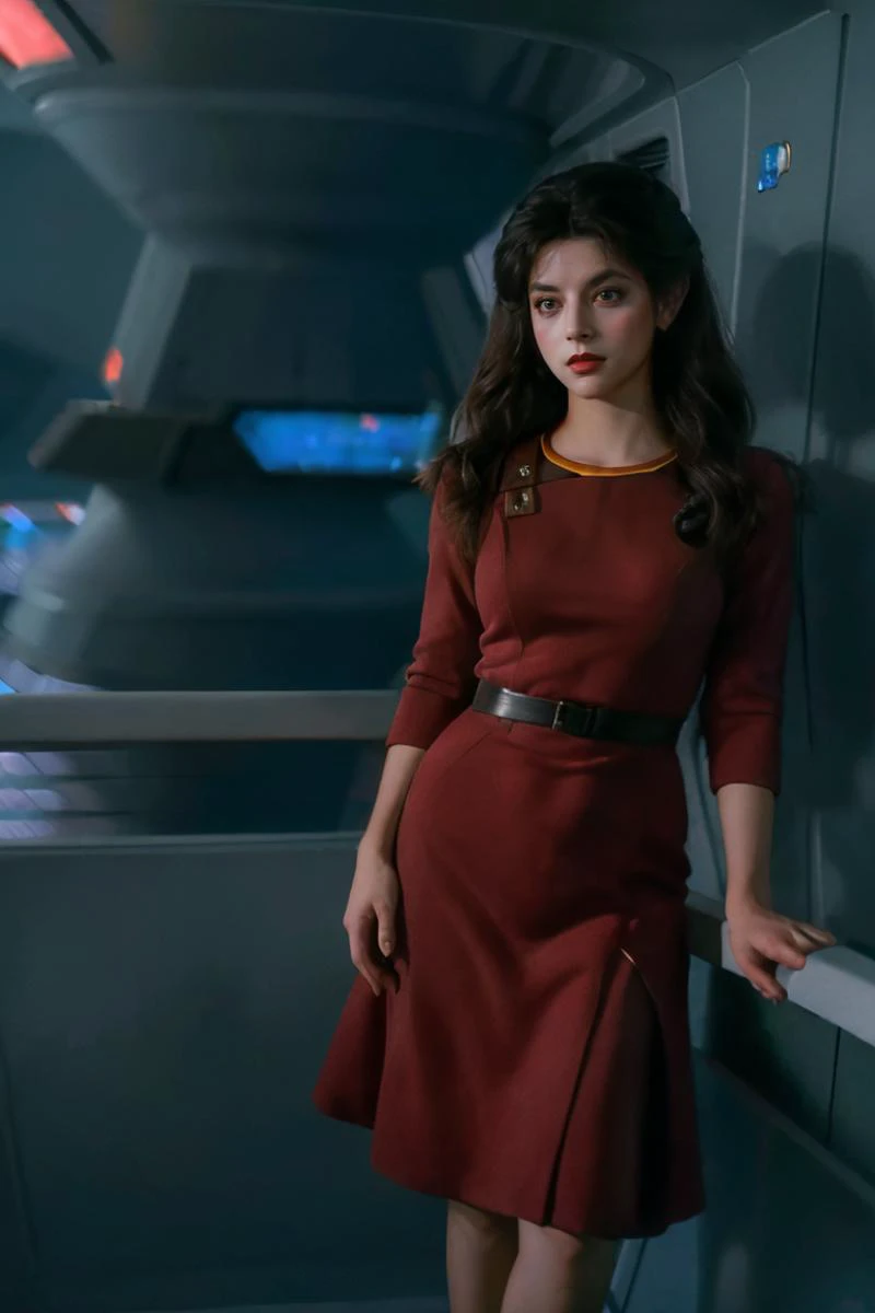 full body shot, photorealistic photo of Krloal, woman, stoic expression, skeptical expression, wearing a red star trek dress, standing on the bridge of the Enterprise, looking at the camera, realistic, (masterpiece:1.1), (best quality:1.1), beautiful, (int...