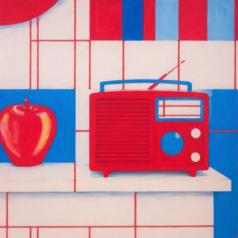 <lora:w3ss:1>w3ss red apple on white shelf with red radio, white tile, blue background, minimalism, in the style of wesselmann