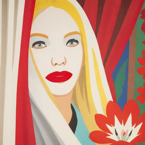 <lora:w3ss:1>w3ss, woman, face, red lipstick, blond, flower, curtain