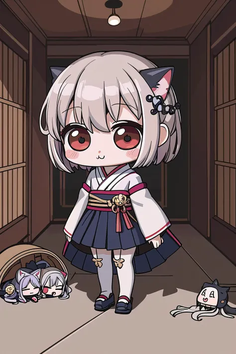 cute,adorable,(chibi:1.4), (full body:1.2), (masterpiece, best_quality, ultra-detailed, immaculate:1.3), epic, illustration, 1girl, (dilapidated Cholo:1.3) cute catgirl, full body, [:colorful, casual costume design,:0.2], official art, japanese, creepy lig...