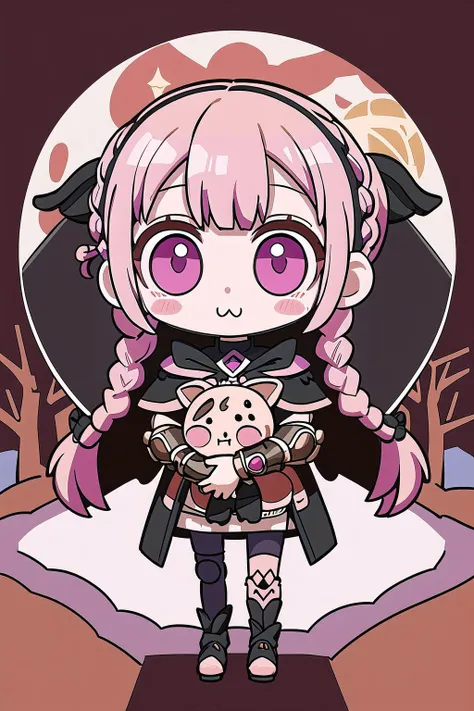 kawaii sticker art, (full body:1.2), (masterpiece, best_quality, ultra-detailed, immaculate:1.3), epic, illustration, desert dark knight  , (armor:1.3), pauldrons, pastel pink hair, Boxer Braids, shoulder carry, in an gothic, bountiful autumn forest, on a ...