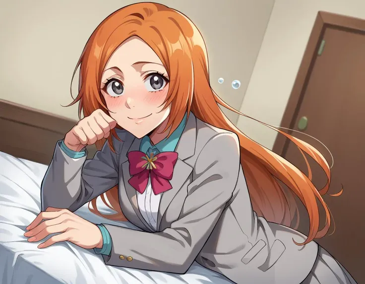 score_9, score_8_up, score_7_up, source_anime, 
inoueorihime, <lora:inoue-orihime-ponyxl-lora-nochekaiser:1>, 
inoue orihime, long hair, orange hair, grey eyes, smile, 
skirt, bow, school uniform, jacket, blazer, grey jacket, 
indoors, bed, bed room, on si...