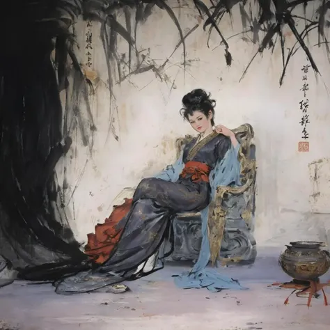 painting of a woman sitting on a chair in a room